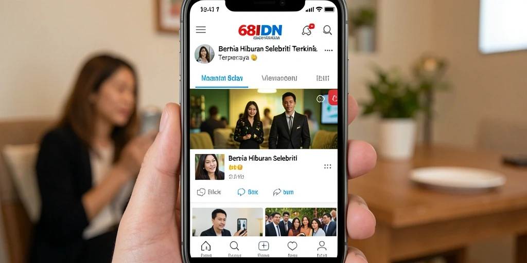 Antarmuka aplikasi 68IDN menampilkan berita hiburan terbaru dengan desain yang menarik.