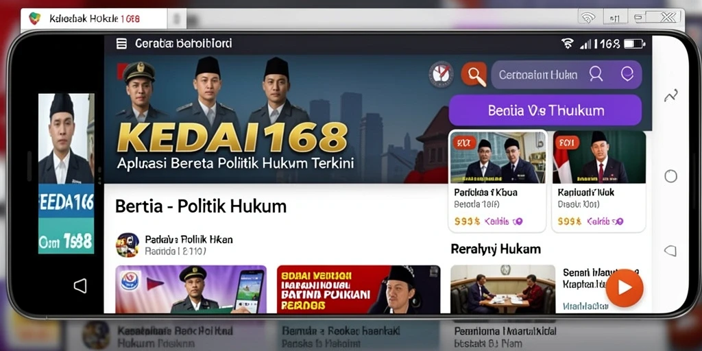 Antarmuka aplikasi KEDAI168 menampilkan berita politik dan hukum secara ringkas.