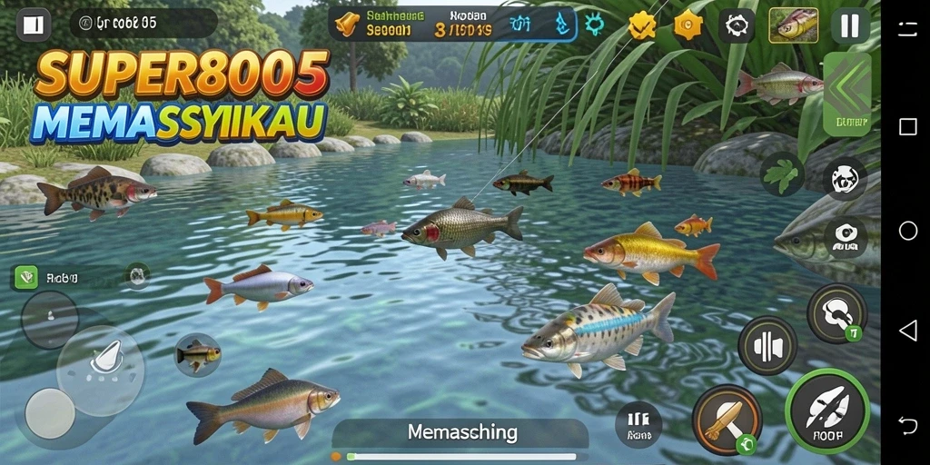 Antarmuka SUPER805 yang menunjukkan aktivitas memancing yang seru.