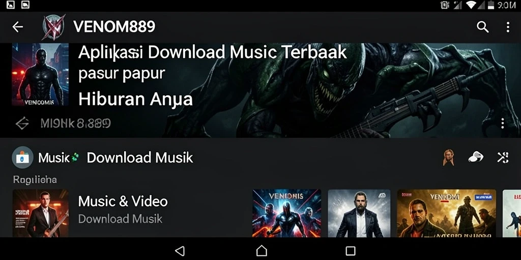Tampilan antarmuka VENOM889 yang memudahkan pengguna mencari musik.